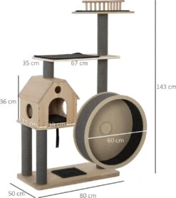 PawHut Kattenboom Met Loopwiel Krabpaal Met 4 Verdiepingen Kattenhuis Met Sisalpalen Massief Hout D30-303