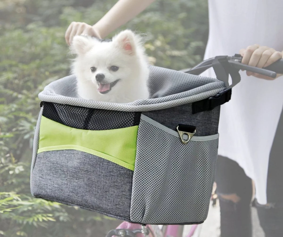 Viervoetjes - Fietsmand Voor Honden - Met HondenRiem - Draagbare Honden Fietsmand - Grijs & Groen 1 Viervoetjes - Fietsmand Voor Honden - Met HondenRiem - Draagbare Honden Fietsmand - Grijs & Groen