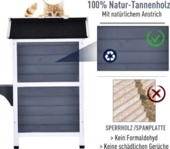 PawHut Kattenhuis Voor Buiten Kattenhut Met 2 Verdiepingen Kattenvilla, Asfaltdak, Massief Hout Grijs D30-236 -Huisdierbenodigdheden 1200x1054 8