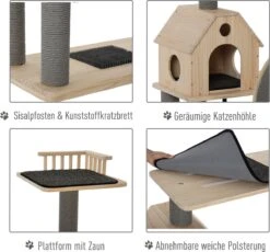 PawHut Kattenboom Met Loopwiel Krabpaal Met 4 Verdiepingen Kattenhuis Met Sisalpalen Massief Hout D30-303 -Huisdierbenodigdheden 1200x1117 16
