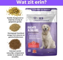 K9 Laboratories - Kalmte & Balans - Supplement - Voor Honden - Tegen Angst - Stress - Agressie - L-tryptofaan - Valeriaan - Hennepzaadolie - 60 Stuks - Voor Een Rustige Hond -Huisdierbenodigdheden 1200x1133 3