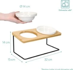 Navaris Verhoogde Voerbakset Met Standaard - 2 Keramische Voerbakken Met Houder Van Bamboe En Metaal - Voer- En Drinkbak Voor Kat En Hond - Antislip -Huisdierbenodigdheden 1200x1143