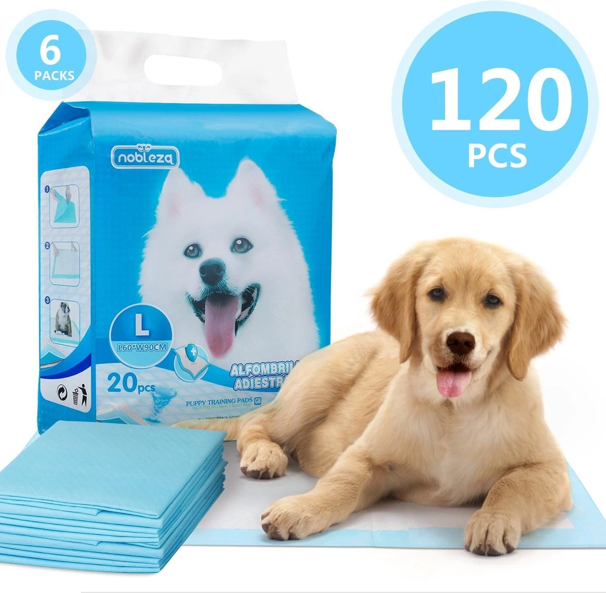 Nobleza 48LXE - Puppy Training Pads - 60 X 90 Cm - Zindelijkheidstraining - 120 Stuks 1 Nobleza 48LXE - Puppy Training Pads - 60 X 90 Cm - Zindelijkheidstraining - 120 Stuks