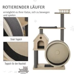 PawHut Kattenboom Met Loopwiel Krabpaal Met 4 Verdiepingen Kattenhuis Met Sisalpalen Massief Hout D30-303 -Huisdierbenodigdheden 1200x1190 41