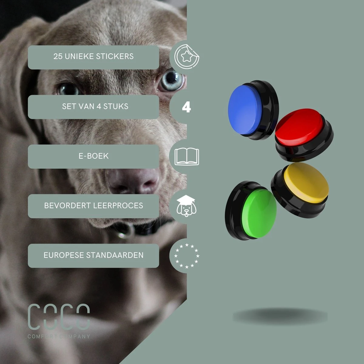 Comfort Company Praatknop Hond | Dogbuttons – Honden Speelgoed | Honden Speelgoed Intelligentie | 4 Stuks | Agility Voor De Hond | 30 Seconden Opnamen | Honden Training 2 Comfort Company Praatknop Hond | Dogbuttons – Honden Speelgoed | Honden Speelgoed Intelligentie | 4 Stuks | Agility Voor De Hond | 30 Seconden Opnamen | Honden Training - Afbeelding 2