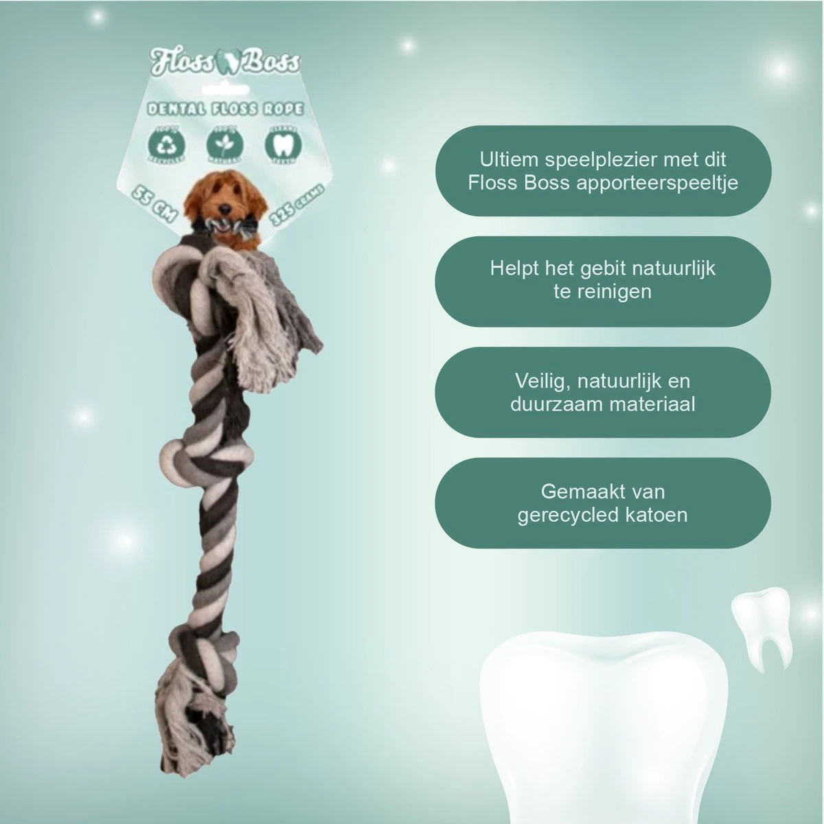 Floss Boss Flostouw – Zeer Stevig En Veilig Hondenspeelgoed – Hondentouw Van Gerecycled Katoen – Grijs Trektouw – 55cm – 325g – 3 Knopen 3 Floss Boss Flostouw – Zeer Stevig En Veilig Hondenspeelgoed – Hondentouw Van Gerecycled Katoen – Grijs Trektouw – 55cm – 325g – 3 Knopen - Afbeelding 3