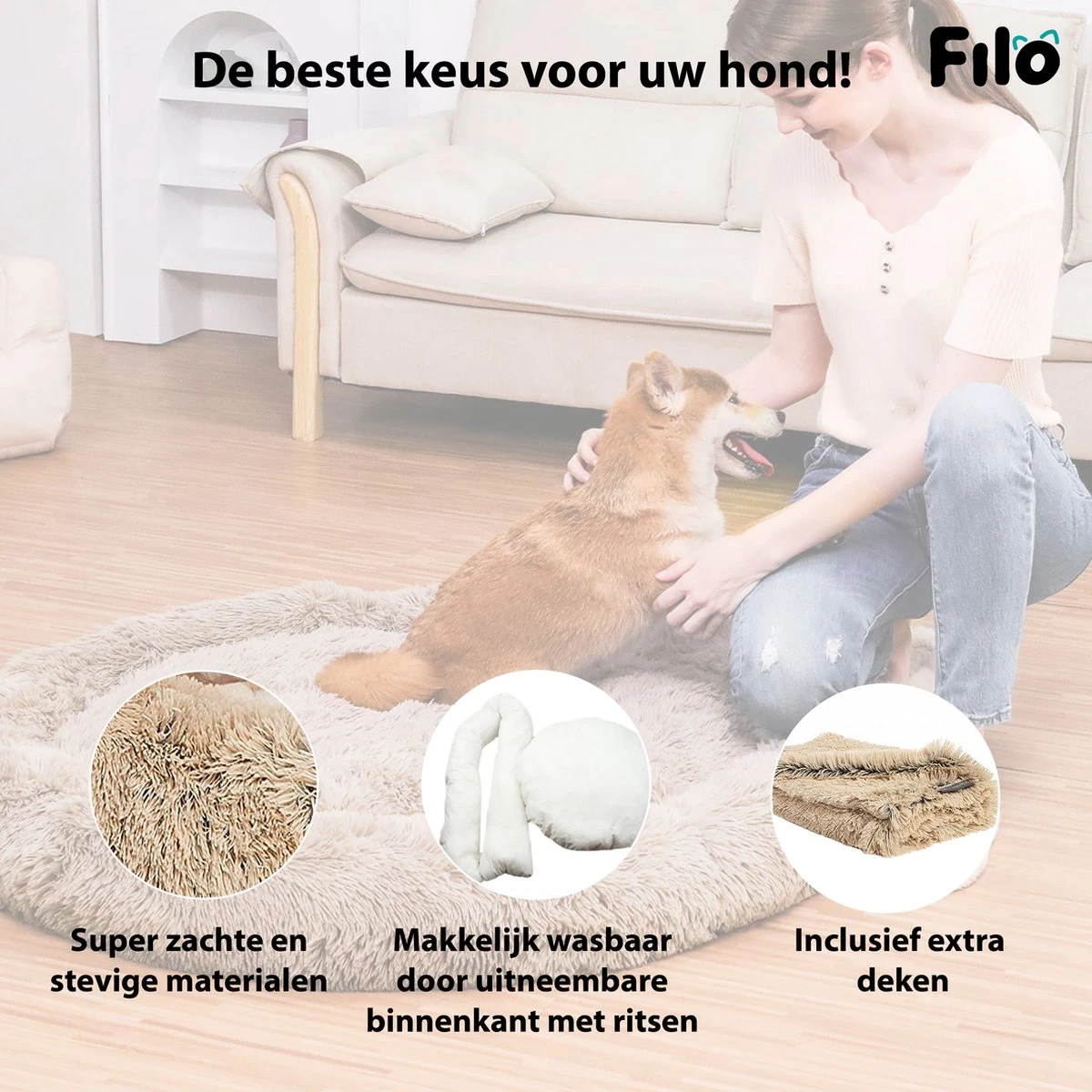 Filo Hondenmand 60cm Met Deken & Rits – Crème – Geschikt Als Kattenmand - Fluffy Donut Hondenbed Lichtbruin - Honden Mand & Bed – Hondenkussen – Kussen Hond – Katten Mand 6 Filo Hondenmand 60cm Met Deken & Rits – Crème – Geschikt Als Kattenmand - Fluffy Donut Hondenbed Lichtbruin - Honden Mand & Bed – Hondenkussen – Kussen Hond – Katten Mand - Afbeelding 6