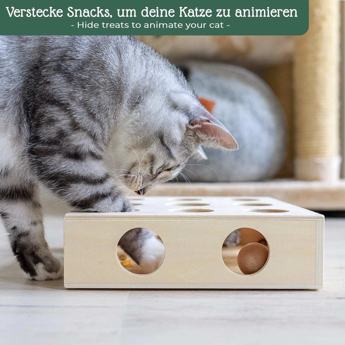 Pfotenolymp® Interactief Kattenspeelgoed / Speeldoos Met Speelballen & Speelmuis - Houten Speelgoed Voor Katten - Mollenspel / Vangspel / Jachtspel 6 Pfotenolymp® Interactief Kattenspeelgoed / Speeldoos Met Speelballen & Speelmuis - Houten Speelgoed Voor Katten - Mollenspel / Vangspel / Jachtspel - Afbeelding 6
