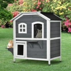 PawHut Kattenhuis Voor Buiten Kattenhut Met 2 Verdiepingen Kattenvilla, Asfaltdak, Massief Hout Grijs D30-236 -Huisdierbenodigdheden 1200x1200 4101