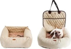 Zeer Luxe Hondenmand Voor In De Auto Beige - Comfortabel Vervoer Voor Je Viervoeter - Honden Zitje Auto - Autostoel Voor Hond - Honden Mand - Dieren Mand - Veilig Onderweg - Hondenzitje - Auto Bench - Beige - 40x30 Cm