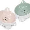 Navaris Voerbakjes Voor Katten - Set Van 2 Voer- En Waterbakken - Etensbak Van Keramiek - Met Antislip Voetjes - Kattenvorm - Roze/Groen