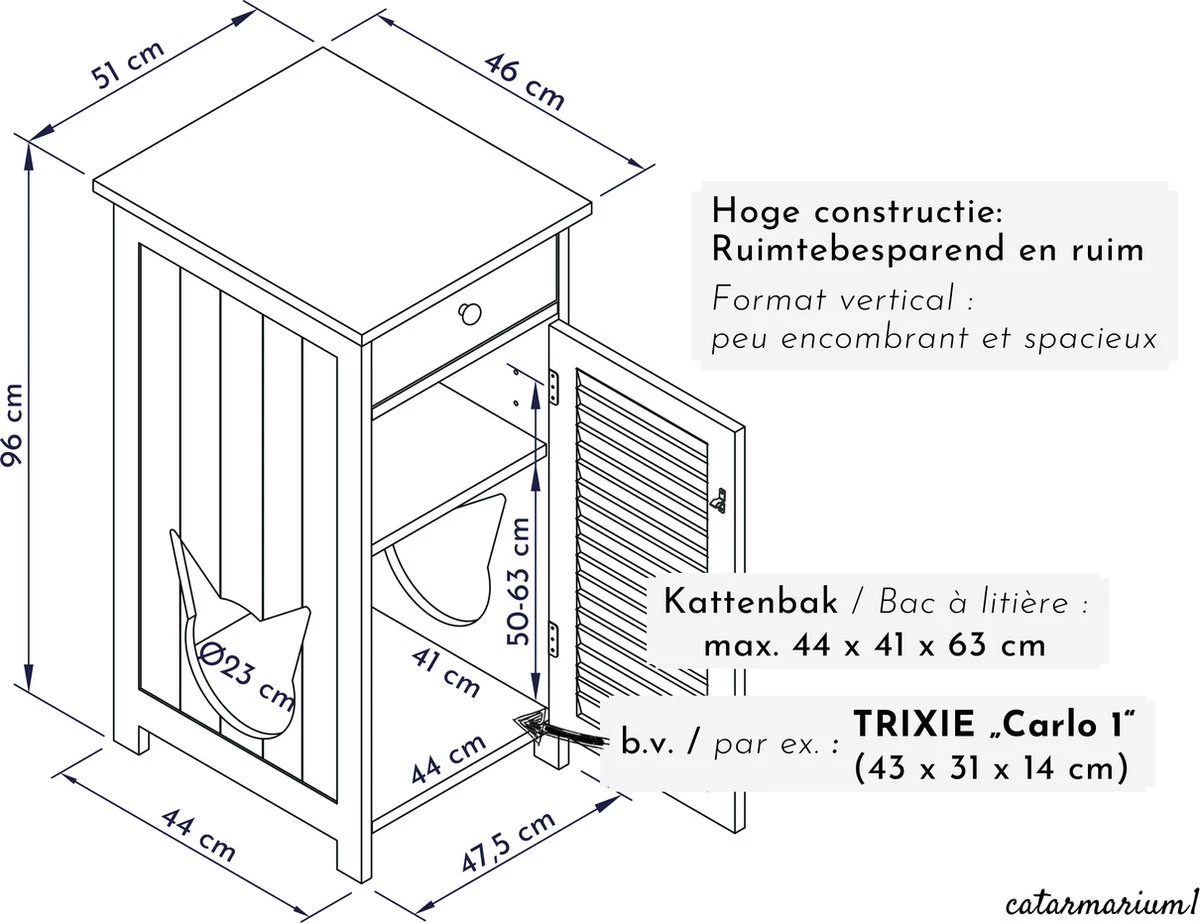 WONDERMAKE® Grote Kattenkast Houten Voor Kattenbak Kattentoilet, XL-kattenbak Dressoir Kastje Met Schuiflade, Designer Kattenhuis Met Kattenhol Kattenbakkast, Kasten Kast Voor Katten Binnen Hoog, 51 X 46 X 96 Cm, Wit 7 WONDERMAKE® Grote Kattenkast Houten Voor Kattenbak Kattentoilet, XL-kattenbak Dressoir Kastje Met Schuiflade, Designer Kattenhuis Met Kattenhol Kattenbakkast, Kasten Kast Voor Katten Binnen Hoog, 51 X 46 X 96 Cm, Wit - Afbeelding 7