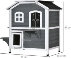 PawHut Kattenhuis Voor Buiten Kattenhut Met 2 Verdiepingen Kattenvilla, Asfaltdak, Massief Hout Grijs D30-236 -Huisdierbenodigdheden 1200x983 4