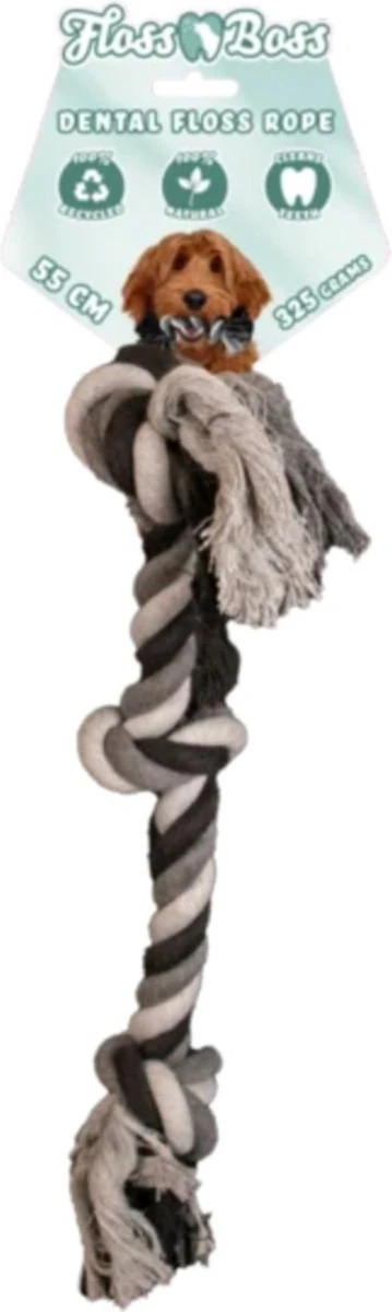 Floss Boss Flostouw – Zeer Stevig En Veilig Hondenspeelgoed – Hondentouw Van Gerecycled Katoen – Grijs Trektouw – 55cm – 325g – 3 Knopen 1 Floss Boss Flostouw – Zeer Stevig En Veilig Hondenspeelgoed – Hondentouw Van Gerecycled Katoen – Grijs Trektouw – 55cm – 325g – 3 Knopen