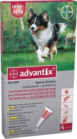 Advantix 250/1250 - Hond - 10 Tot 25 Kg - 4 Pipetten X 2,5 Ml