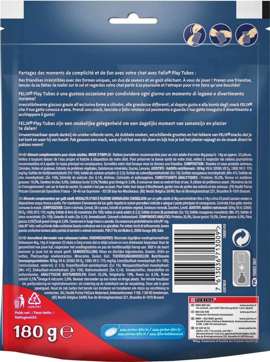 Felix PlayTubes - Kattensnacks Kalkoen & Ham - 5 X 180g 4 Felix PlayTubes - Kattensnacks Kalkoen & Ham - 5 X 180g - Afbeelding 4