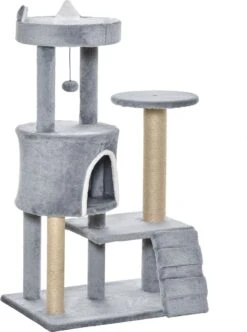 PawHut Krabpaal Kattenboom Met Kattengrot Trap Spaanplaat Jute Grijs D30-360