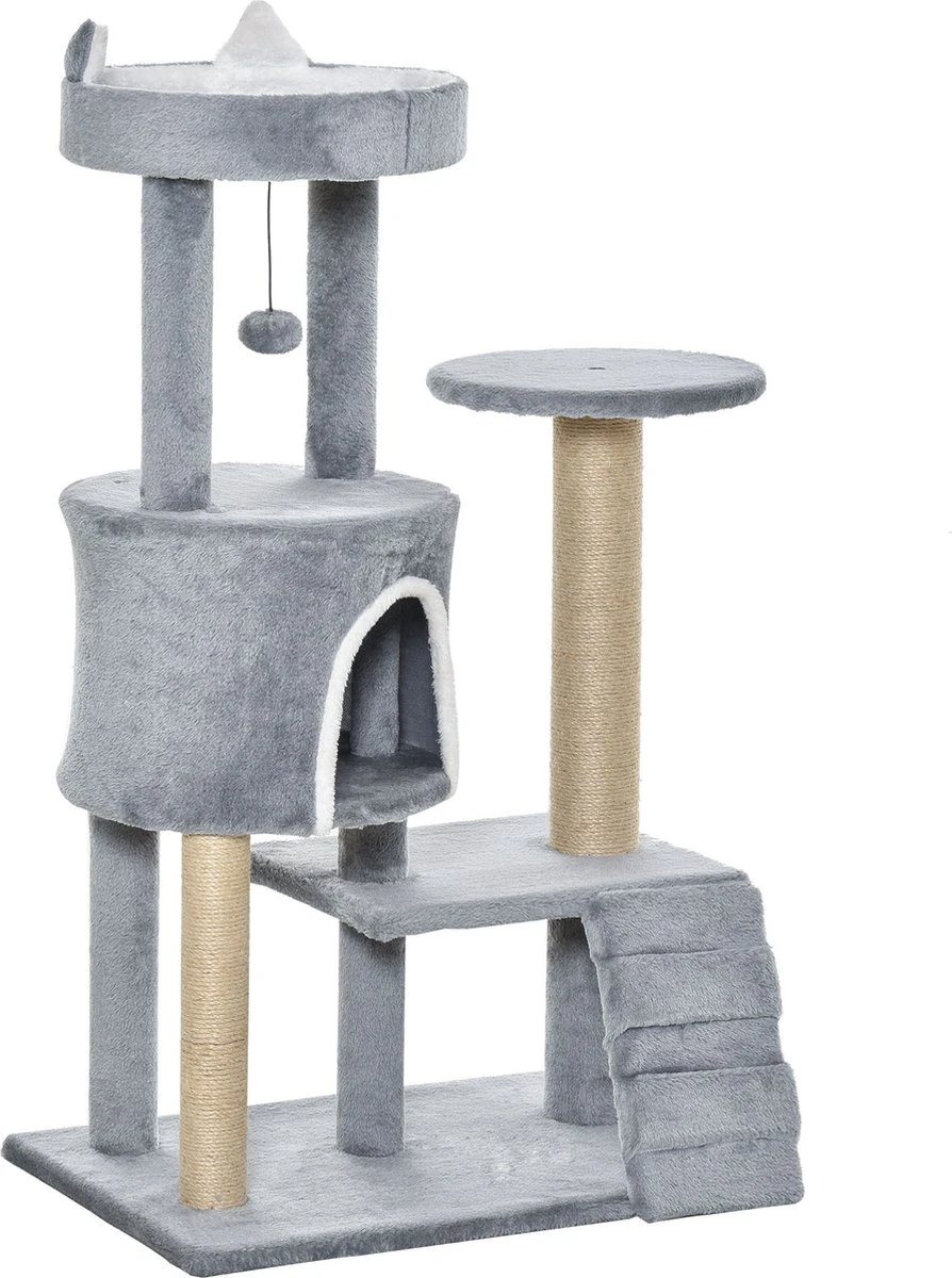 PawHut Krabpaal Kattenboom Met Kattengrot Trap Spaanplaat Jute Grijs D30-360 1 PawHut Krabpaal Kattenboom Met Kattengrot Trap Spaanplaat Jute Grijs D30-360