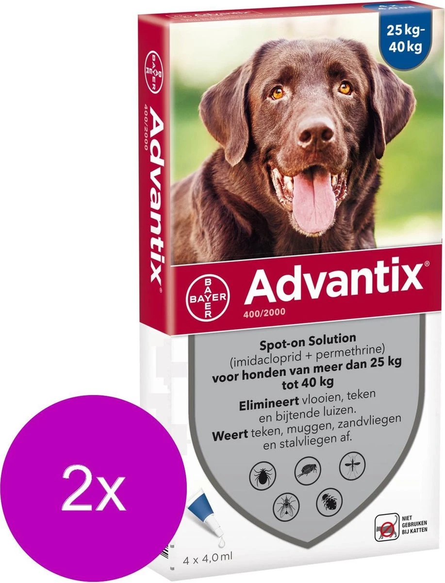 Bayer Advantix Vlooien & Teken Pipetten - Hond 25 Tot 40kg - 2 X 4 Stuks 2 Bayer Advantix Vlooien & Teken Pipetten - Hond 25 Tot 40kg - 2 X 4 Stuks - Afbeelding 2