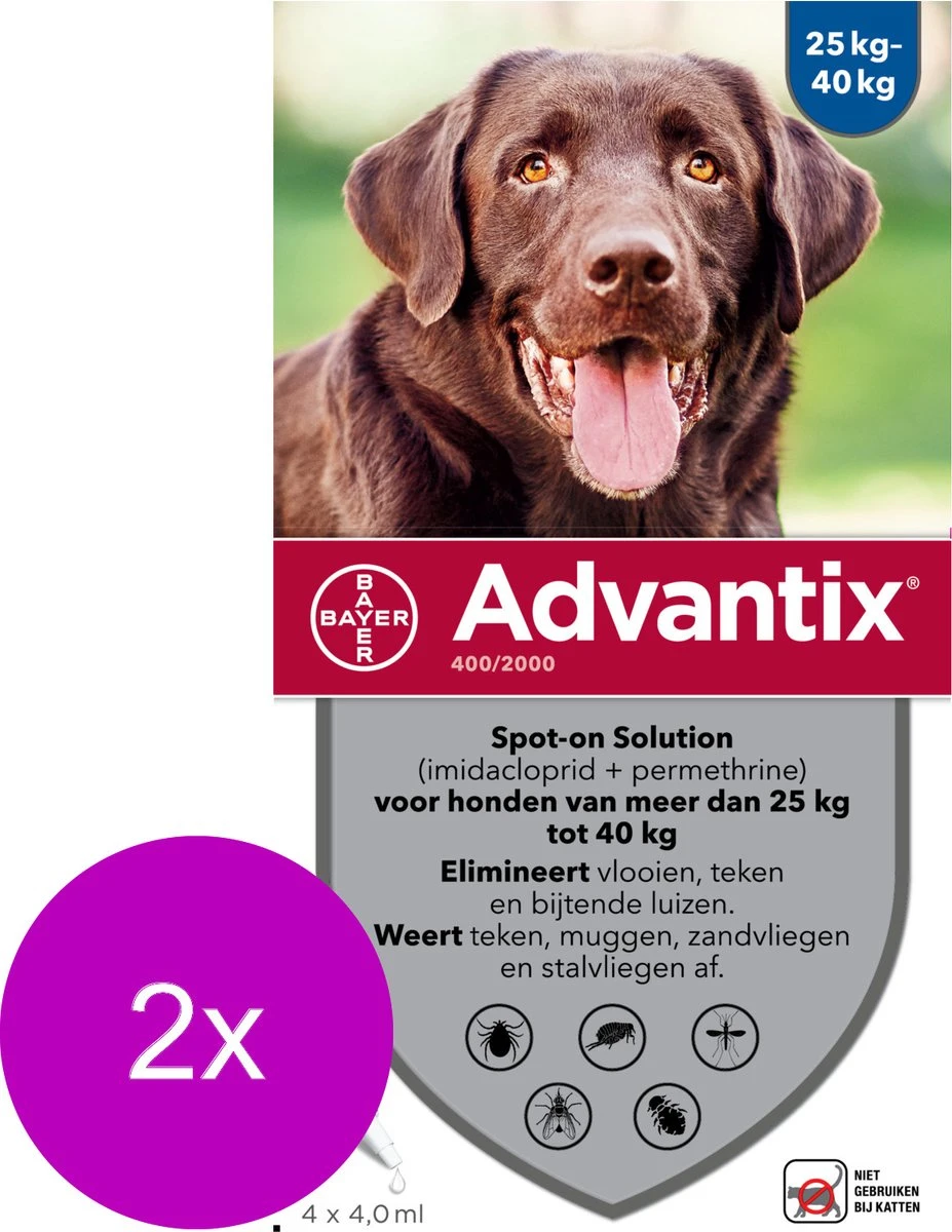 Bayer Advantix Vlooien & Teken Pipetten - Hond 25 Tot 40kg - 2 X 4 Stuks 3 Bayer Advantix Vlooien & Teken Pipetten - Hond 25 Tot 40kg - 2 X 4 Stuks - Afbeelding 3
