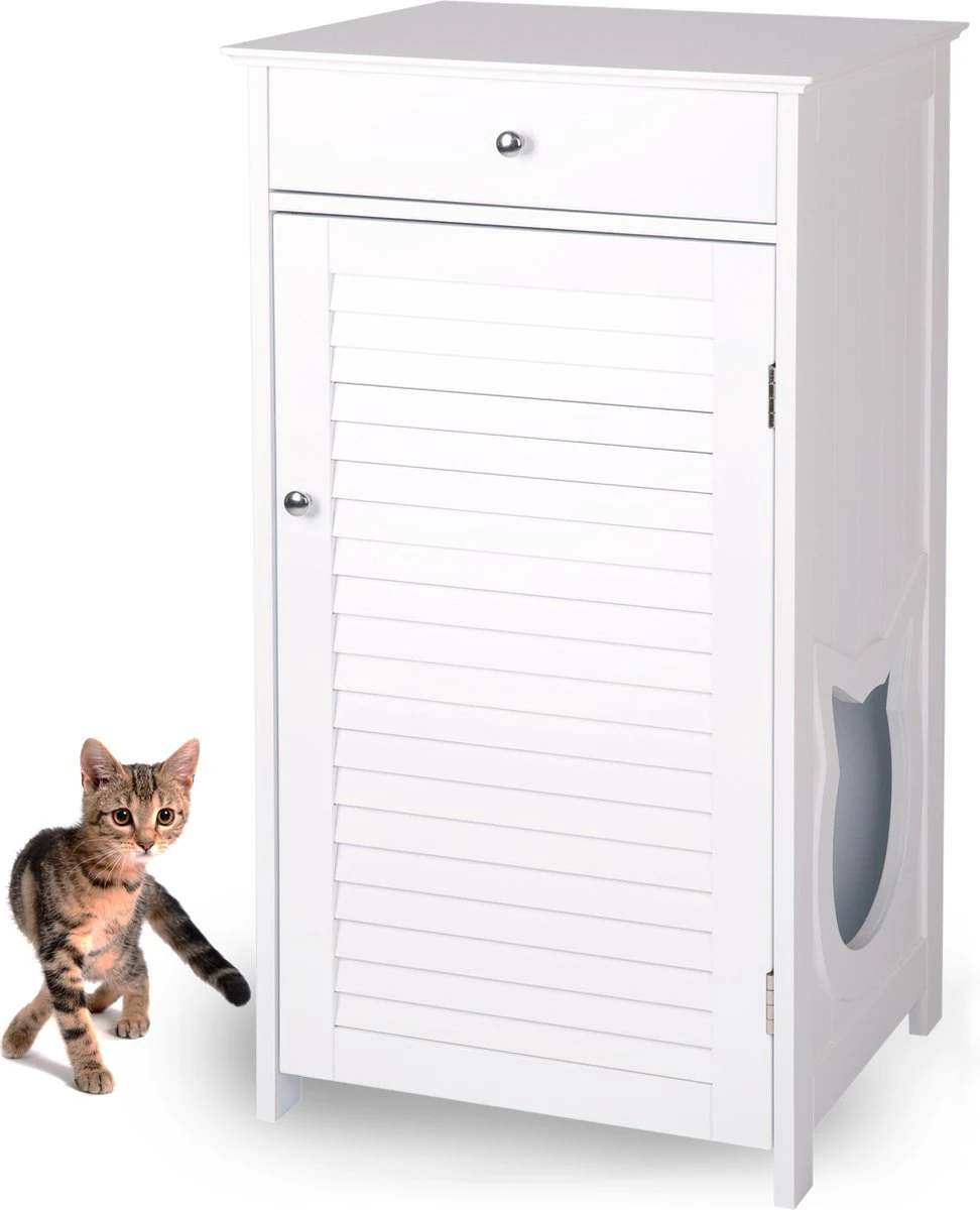 WONDERMAKE® Grote Kattenkast Houten Voor Kattenbak Kattentoilet, XL-kattenbak Dressoir Kastje Met Schuiflade, Designer Kattenhuis Met Kattenhol Kattenbakkast, Kasten Kast Voor Katten Binnen Hoog, 51 X 46 X 96 Cm, Wit 1 WONDERMAKE® Grote Kattenkast Houten Voor Kattenbak Kattentoilet, XL-kattenbak Dressoir Kastje Met Schuiflade, Designer Kattenhuis Met Kattenhol Kattenbakkast, Kasten Kast Voor Katten Binnen Hoog, 51 X 46 X 96 Cm, Wit